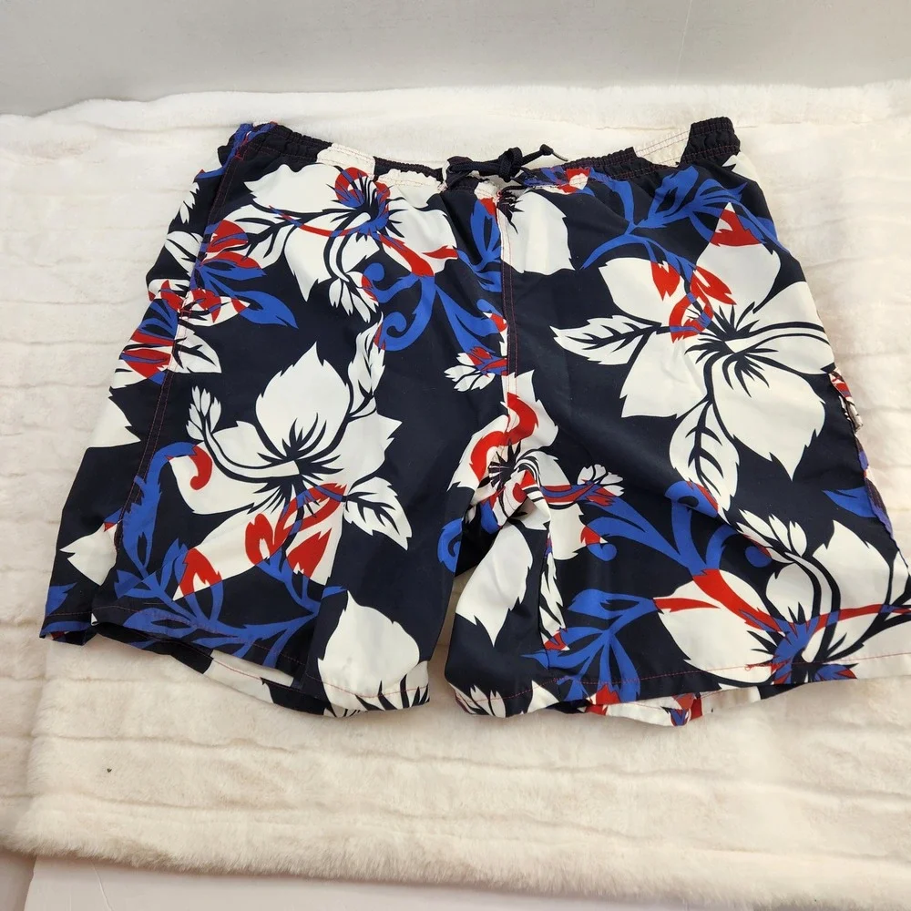 Speedo Mens XL Swim Trunks Red White Blue Tropical Floral Board Shorts‎ Pocket